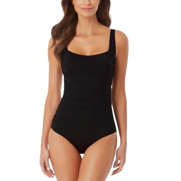 Anne Cole Square Neck Solid Black One Piece Swimsuit New Size 6 23MO08001 - Picture 1 of 14
